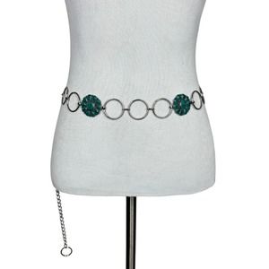 Western Boho Turquoise Concho Silver Tone Chain Belt OS Adjustable Rodeo
